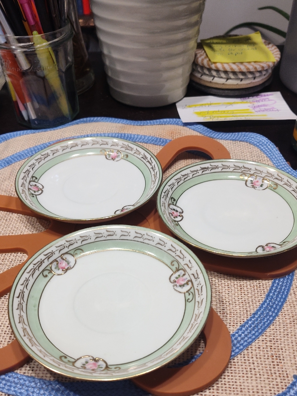 Vintage Green & Gold Floral Dessert Plates by